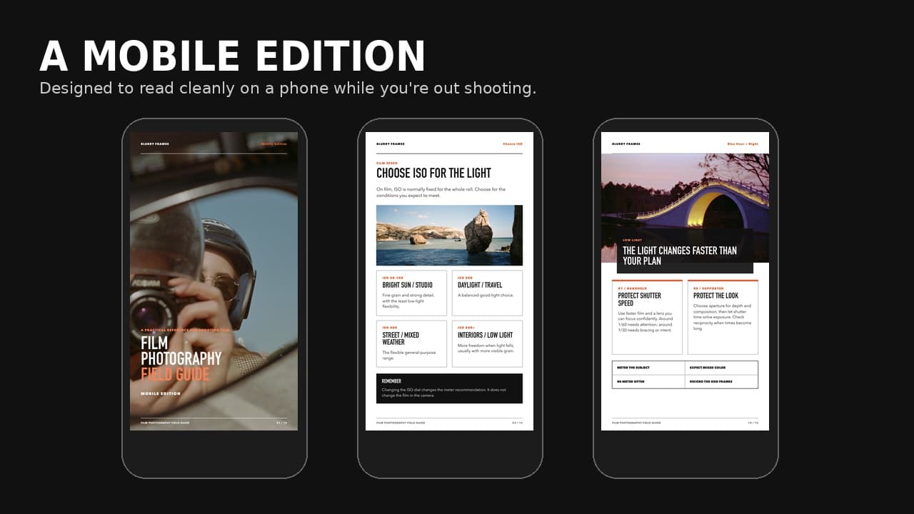 Three phone-sized pages from the Film Photography Field Guide mobile edition